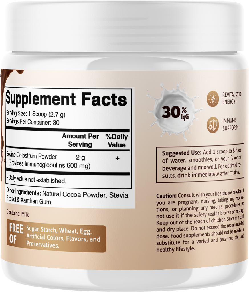 Bovine Colostrum 30% IgG Chocolate Flavored Powder