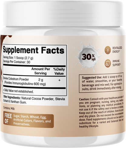 Bovine Colostrum 30% IgG Chocolate Flavored Powder