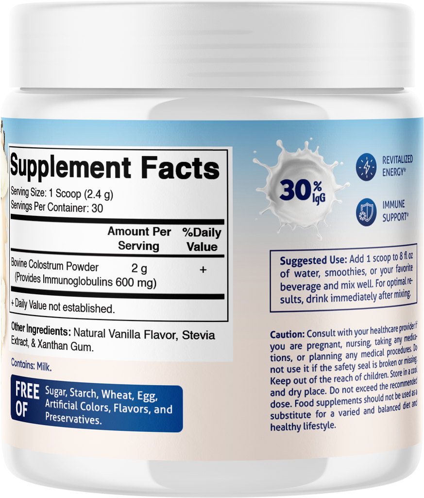 Bovine Colostrum 30% IgG Vanilla Flavored Powder