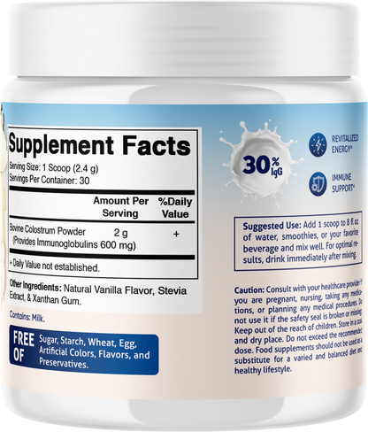 Bovine Colostrum 30% IgG Vanilla Flavored Powder