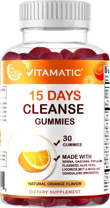 15 Day Cleanse Gummies, Senna, Cascara, Psyllium, Flaxseed, Aloe Vera, Licorice, MCT, Probiotic - 30 Gummies