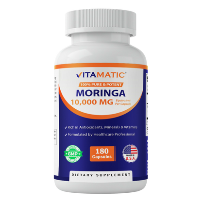 Moringa Capsules 10,000mg - 180 Capsules | Pure Moringa Oleifera Leaf Powder Supplement - Green Superfood Powder Capsules