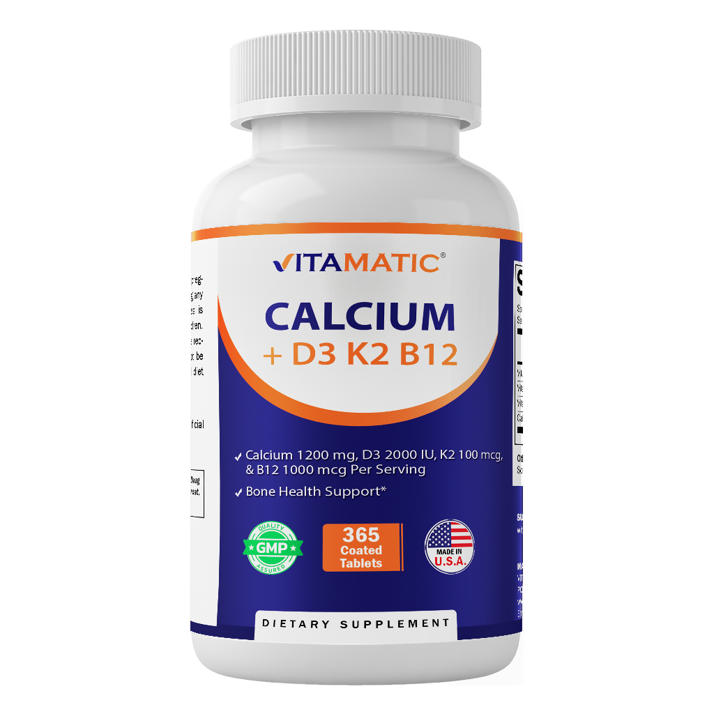 Vitamatic Calcium Supplement 1200mg with D3, K2 & B12, Immune & Bone Health Support - 365 Coated Tablets