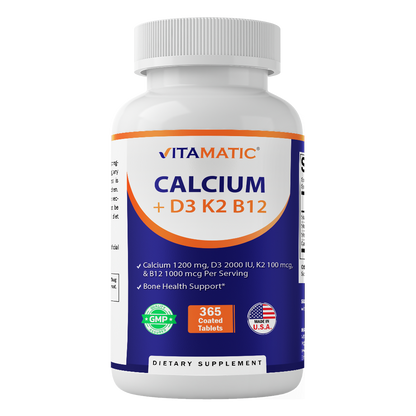 Vitamatic Calcium Supplement 1200mg with D3, K2 & B12, Immune & Bone Health Support - 365 Coated Tablets