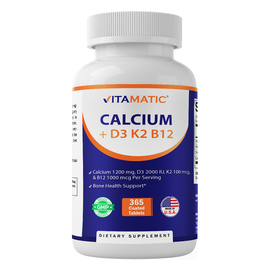 Vitamatic Calcium Supplement 1200mg with D3, K2 & B12, Immune & Bone Health Support - 365 Coated Tablets