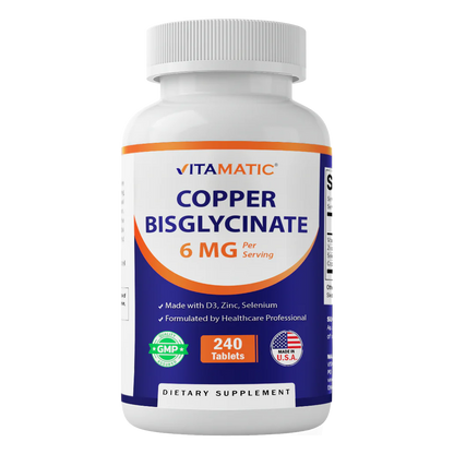 Copper Bisglycinate 6 mg Made with Vitamin D3 2000 IU, Zinc 50mg, Selenium 50mcg - 240 Tablets