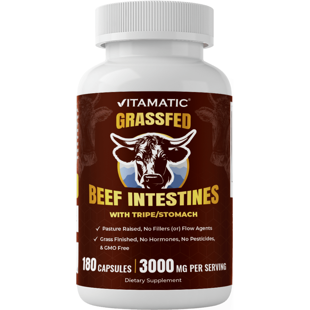 Vitamatic Grass-Fed Beef Intestines + Tripe/Stomach 180 Capsules – Freeze-Dried, Non-GMO, Bovine Liver Supplement – Pasture-Raised, Glandular-Based Formula
