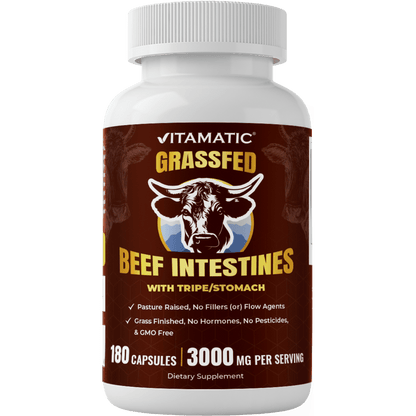 Vitamatic Grass-Fed Beef Intestines + Tripe/Stomach 180 Capsules – Freeze-Dried, Non-GMO, Bovine Liver Supplement – Pasture-Raised, Glandular-Based Formula