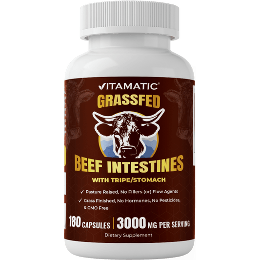 Vitamatic Grass-Fed Beef Intestines + Tripe/Stomach 180 Capsules – Freeze-Dried, Non-GMO, Bovine Liver Supplement – Pasture-Raised, Glandular-Based Formula