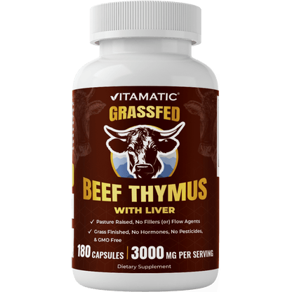 Vitamatic Grass-Fed Beef Thymus + Liver 180 Capsules – Freeze-Dried, Non-GMO, Pasture-Raised, Glandular-Based Formula