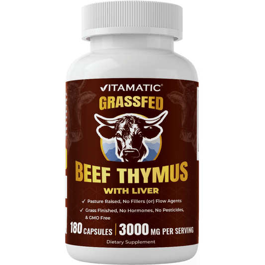 Vitamatic Grass-Fed Beef Thymus + Liver 180 Capsules – Freeze-Dried, Non-GMO, Pasture-Raised, Glandular-Based Formula