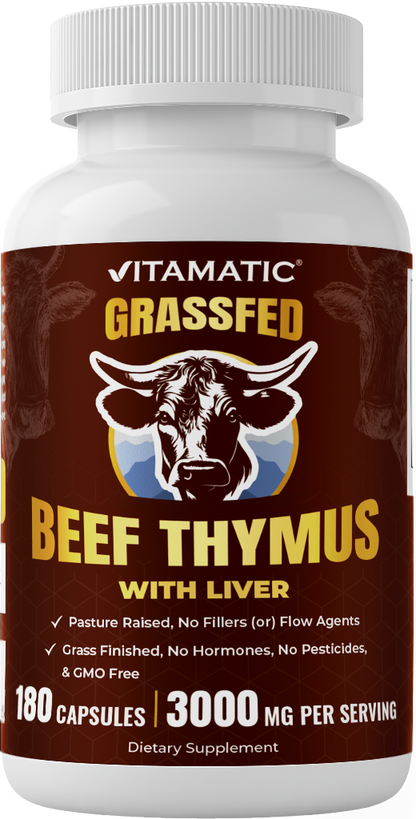 Vitamatic Grass-Fed Beef Thymus + Liver 180 Capsules – Freeze-Dried, Non-GMO, Pasture-Raised, Glandular-Based Formula