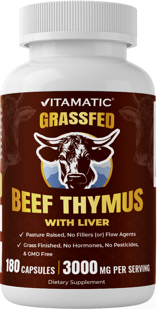 Vitamatic Grass-Fed Beef Thymus + Liver 180 Capsules – Freeze-Dried, Non-GMO, Pasture-Raised, Glandular-Based Formula