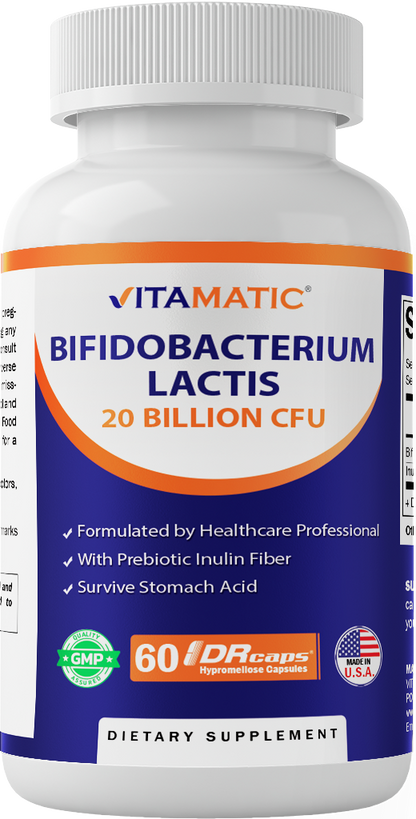 Vitamatic Bifidobacterium lactis - 20 Billion per DR Capsule - 60 Count - Digestive Support - Made with Prebiotic Inulin Fiber
