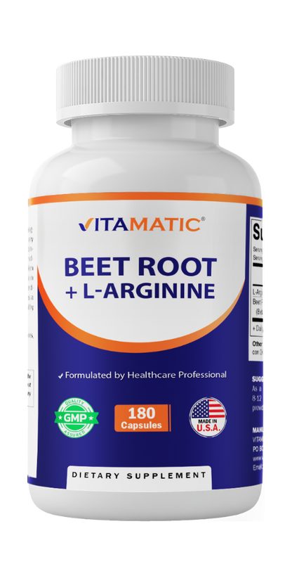 Beet Root + L-Arginine Capsules – 1000 mg L-Arginine HCl & 250 mg Beet Root Extract – 180 Veg Capsules