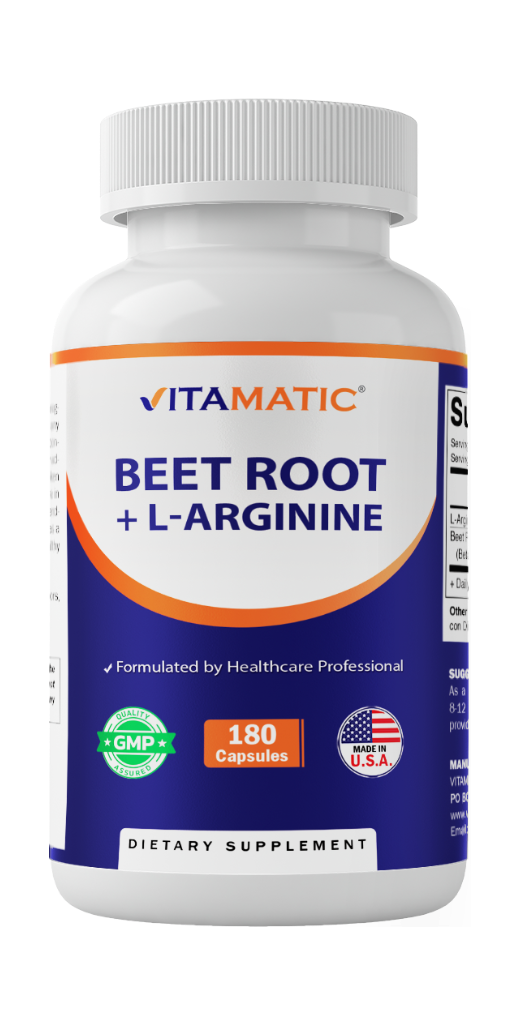 Beet Root + L-Arginine Capsules – 1000 mg L-Arginine HCl & 250 mg Beet Root Extract – 180 Veg Capsules
