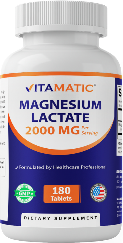 Magnesium Lactate 2000mg per Serving, 180 Tablets