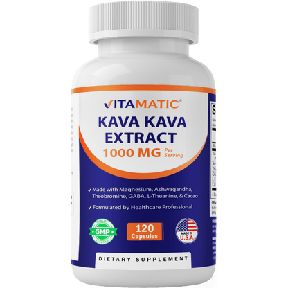 Kava Kava Extract 1000mg – Made with Magnesium, Ashwagandha, GABA, Theobromine, L-Theanine & Cacao – 120 Veg Capsules