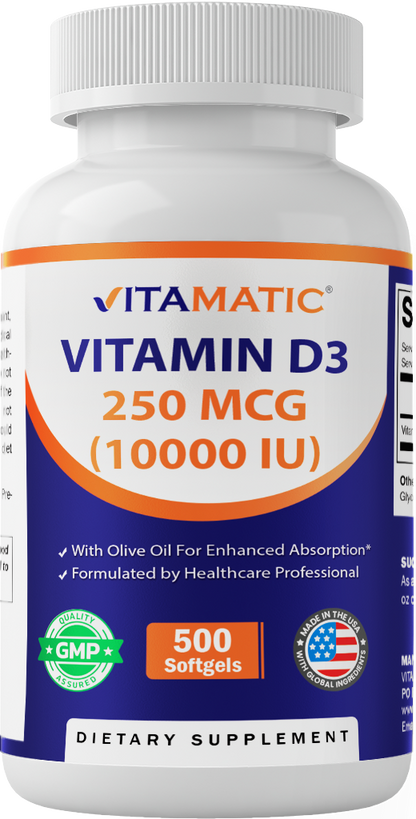 Vitamin D3 10000 IU (250 mcg), 500 Softgels