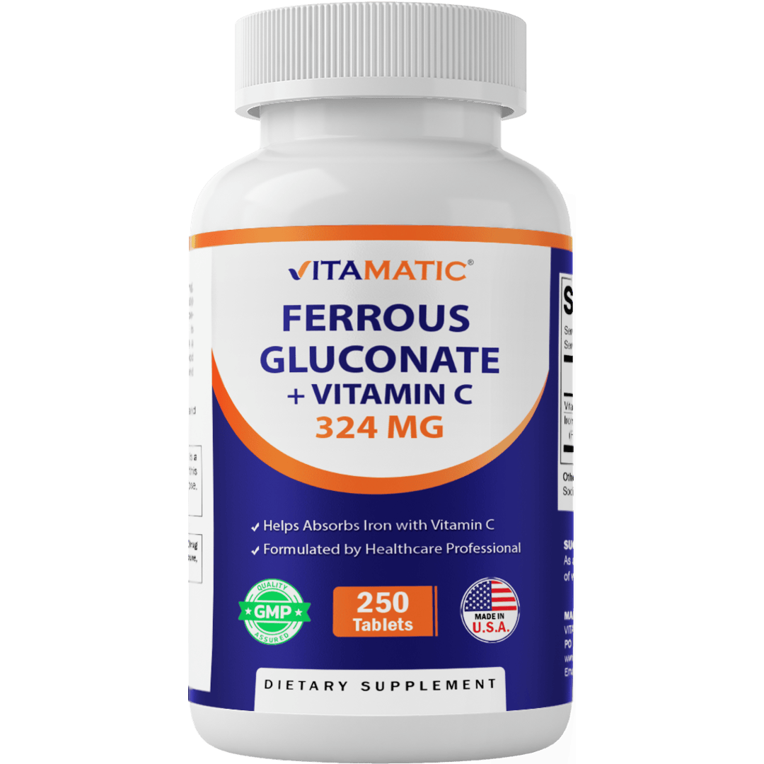 Vitamatic Ferrous Gluconate 324 mg + Vitamin C 100 mg - No Artificial Color Additives - Gentle on Stomach - 250 Coated Tablets - Made in USA
