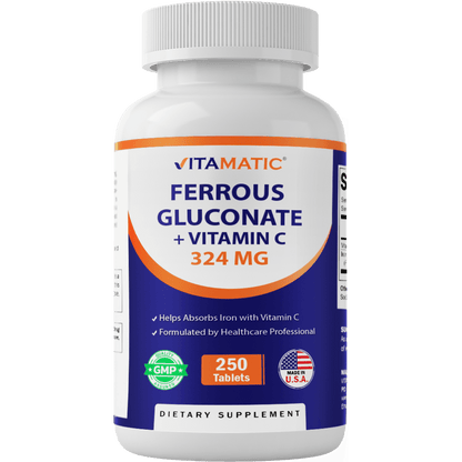 Vitamatic Ferrous Gluconate 324 mg + Vitamin C 100 mg - No Artificial Color Additives - Gentle on Stomach - 250 Coated Tablets - Made in USA