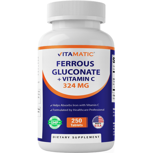 Vitamatic Ferrous Gluconate 324 mg + Vitamin C 100 mg - No Artificial Color Additives - Gentle on Stomach - 250 Coated Tablets - Made in USA