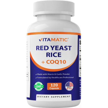 Citrinin-Free Red Yeast Rice 1200 mg. Capsules with CoQ10 100mg, Flush Free Niacin 100mg, & Garlic 20mg - 120 Veg Capsules