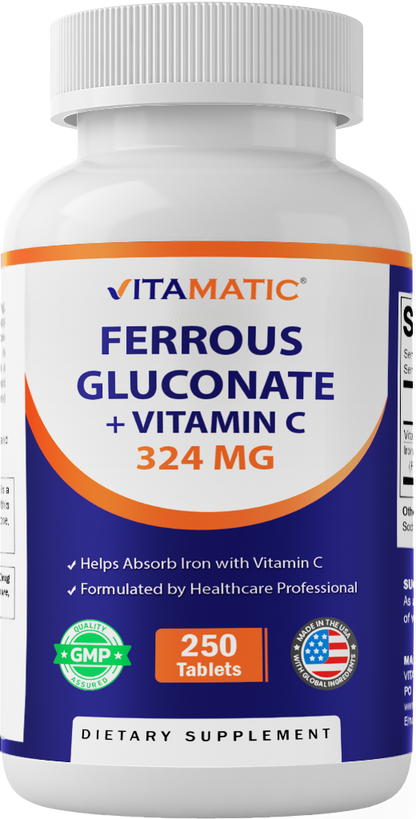 Vitamatic Ferrous Gluconate 324mg + Vitamin C, 250 Tablets