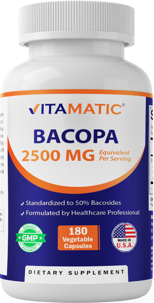 Bacopa Monnieri Nootropic Herbal Supplement 2500mg Equivalent Per Serving50% Bacosides, Non- 180 Capsules