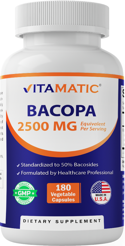 Bacopa Monnieri Nootropic Herbal Supplement 2500mg Equivalent Per Serving50% Bacosides, Non- 180 Capsules