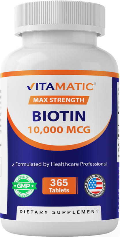 Biotin 10,000 mcg Vegan Supplement, 365 Tablets