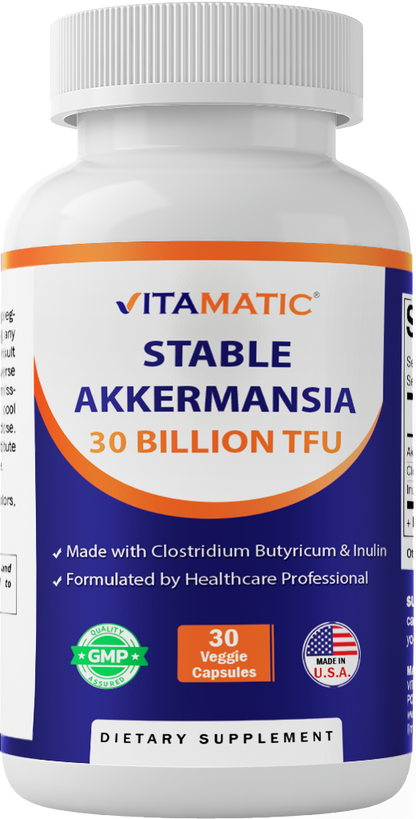 Akkermansia Muciniphila 30 Billion TFU + Clostridium Butyricum + Prebiotic Inulin - GLP-1 Probiotic - 30 Vegan Capsules