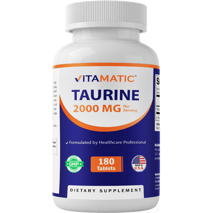 Taurine 2000mg Vegetarian Tablets, 180 Count, Non-GMO, Gluten Free