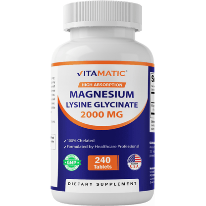 Vitamatic Magnesium as Glycinate Lysinate – 240 Tablets – 100% Chelated Magnesium