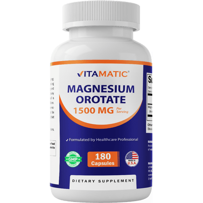 Vitamatic Magnesium Orotate Supplement – 1500mg per Serving, 180 Capsules