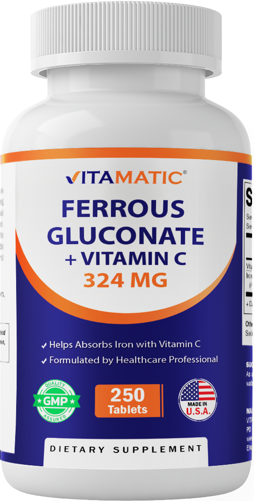 Ferrous Gluconate 324 mg + Vitamin C 100 mg (65 mg Elemental Iron) – 250 Coated Tablets, Made in USA