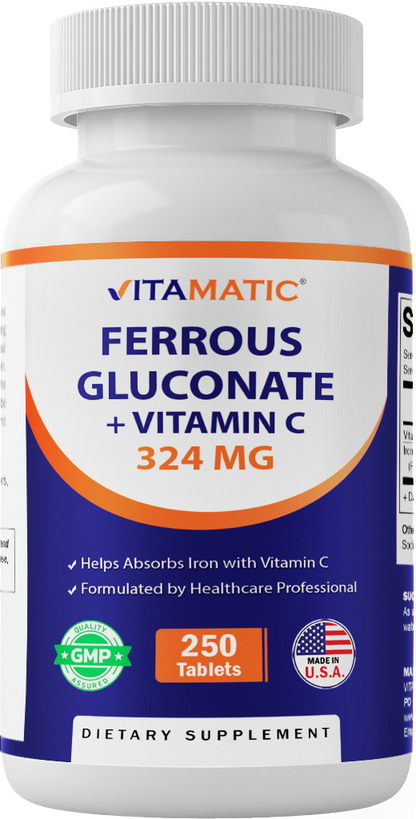 Ferrous Gluconate 324 mg + Vitamin C 100 mg (65 mg Elemental Iron) – 250 Coated Tablets, Made in USA