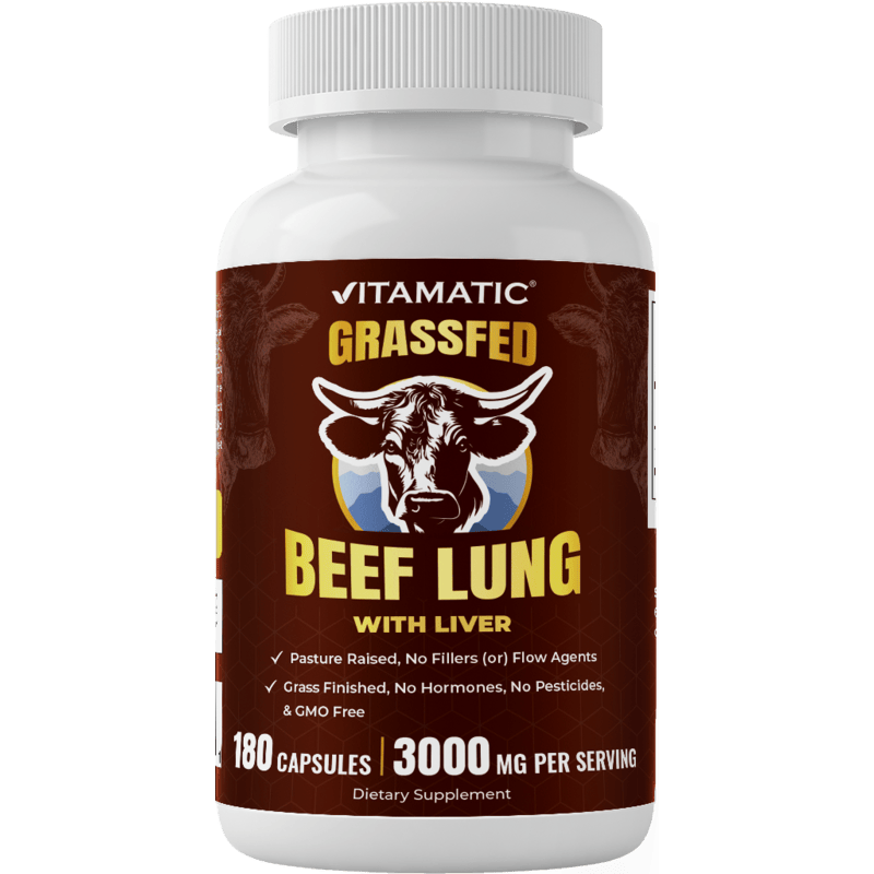 Vitamatic Grass-Fed Beef Lung with Liver 180 Capsules – Freeze-Dried, Non-GMO, Bovine Liver Supplement – (180 Capsules, Lung)