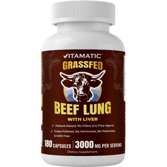 Vitamatic Grass-Fed Beef Lung with Liver 180 Capsules – Freeze-Dried, Non-GMO, Bovine Liver Supplement – (180 Capsules, Lung)