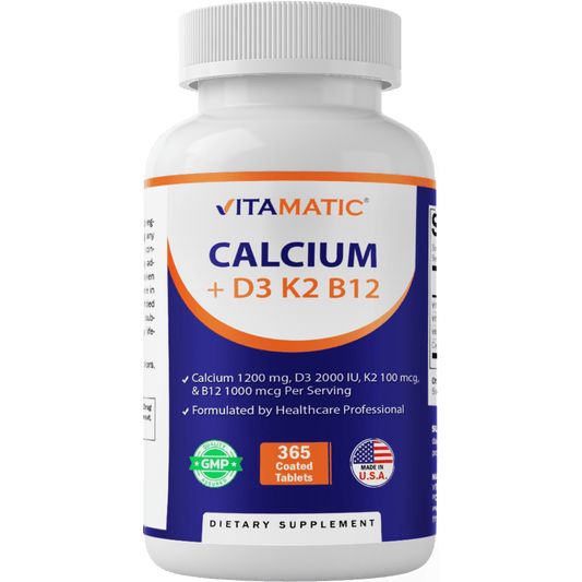 Vitamatic Calcium Supplement 1200mg with D3, K2 & B12, Immune & Bone Health Support - 365 Coated Tablets