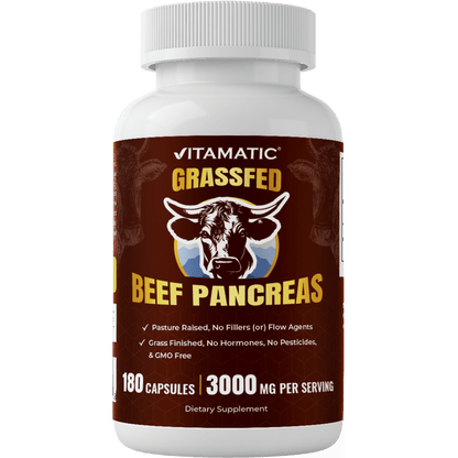 Vitamatic Grass-Fed Beef Pancreas 180 Capsules – Freeze-Dried, Non-GMO, Bovine Supplement – Pasture-Raised -Based Formula (180 Capsules, Pancreas)