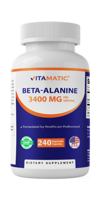 Vitamatic Beta-Alanine 3400 mg Per Serving – Supports Endurance, Muscle Performance & Workout Stamina – 240 Veg Capsules – Non-GMO, Made in USA