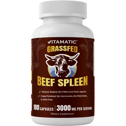 Vitamatic Grass-Fed Beef Spleen 180 Capsules – Freeze-Dried, Non-GMO, Bovine Supplement – Pasture-Raised, Glandular-Based Formula (180 Capsules, Spleen)