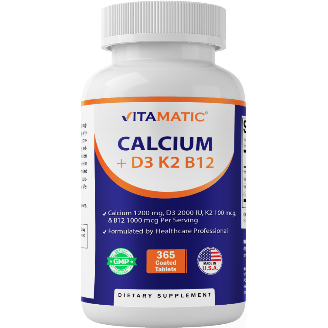Vitamatic Calcium Supplement 1200mg with D3, K2 & B12, Immune & Bone Health Support - 365 Coated Tablets