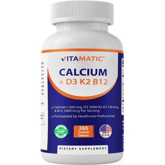 Vitamatic Calcium Supplement 1200mg with D3, K2 & B12, Immune & Bone Health Support - 365 Coated Tablets