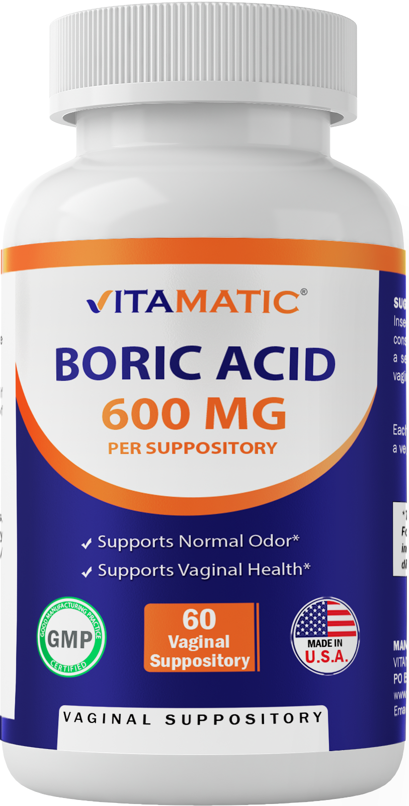 Boric Acid Vaginal Suppositories 600 mg Vegetarian Capsule Shell 60 Count