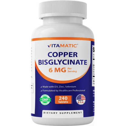 Copper Bisglycinate 6 mg Made with Vitamin D3 2000 IU, Zinc 50mg, Selenium 50mcg - 240 Tablets