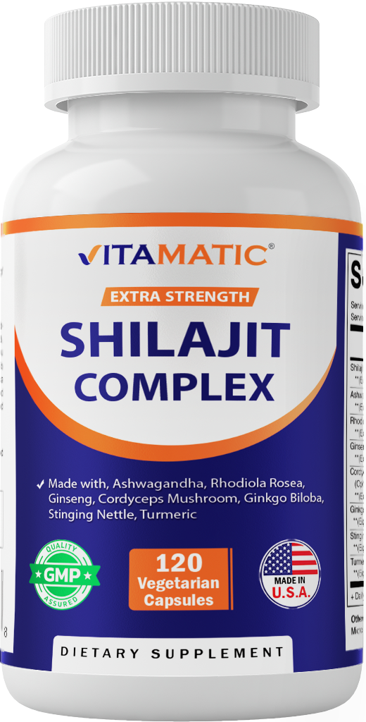 Shilajit Complex Capsules, 9000mg Equivalent, with Ashwagandha, Rhodiola, Ginseng, Cordyceps, Ginkgo, Nettle, Turmeric - 120 Veggie Capsules