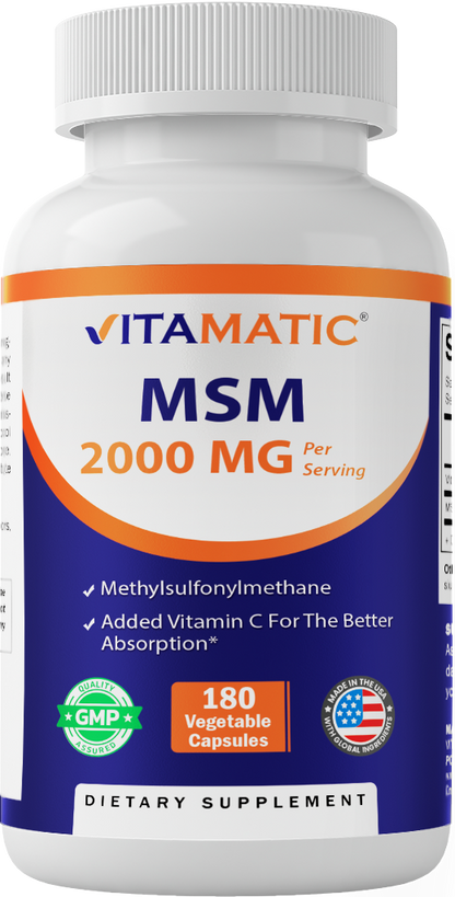 MSM 2000mg with Vitamin C 75mg, 180 Veg Capsules