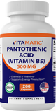 Pantothenic Acid 500 mg 200 Capsules